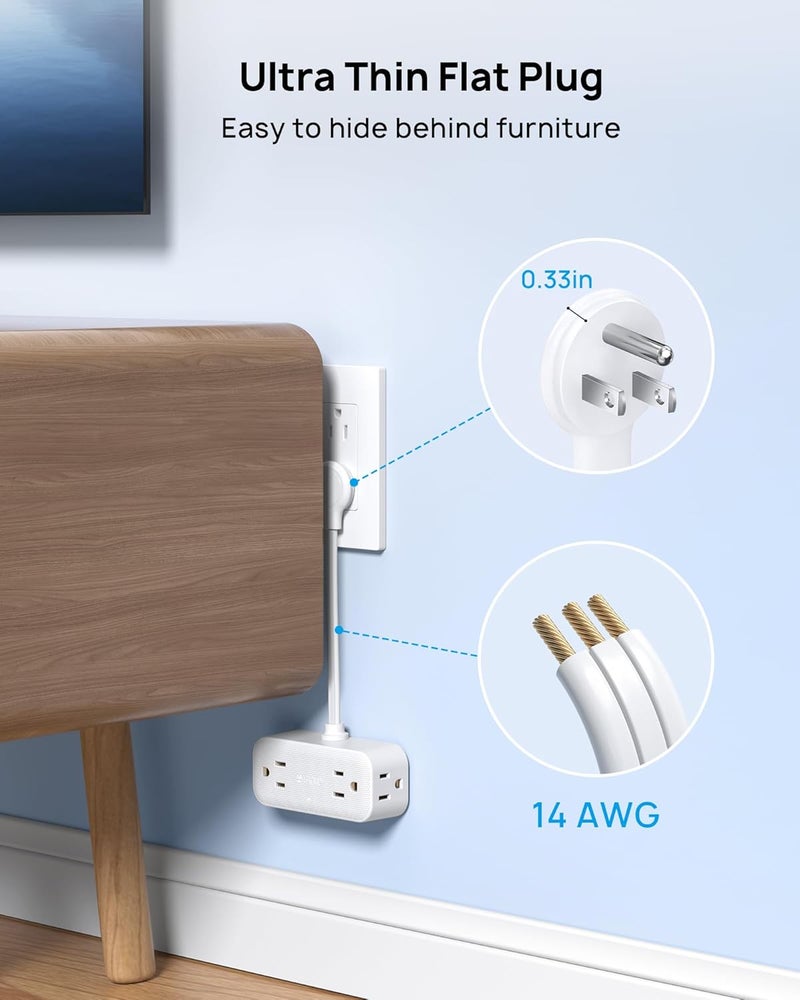 TROND Outlet Extender with 6 Inch Cord, Flat Plug Adapter for Inverted Sockets, 4 Electrical Sockets, 4 USB Ports, Multi Plug Wall Outlet for Home Travel, Cruise Ship Essentials, White - Image 4
